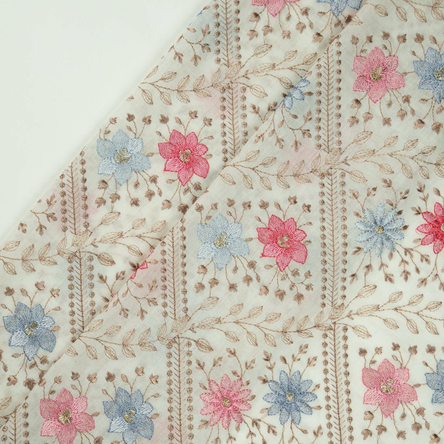 Pariza Natural Cotton Embroidered Fabric in Jaal Pattern