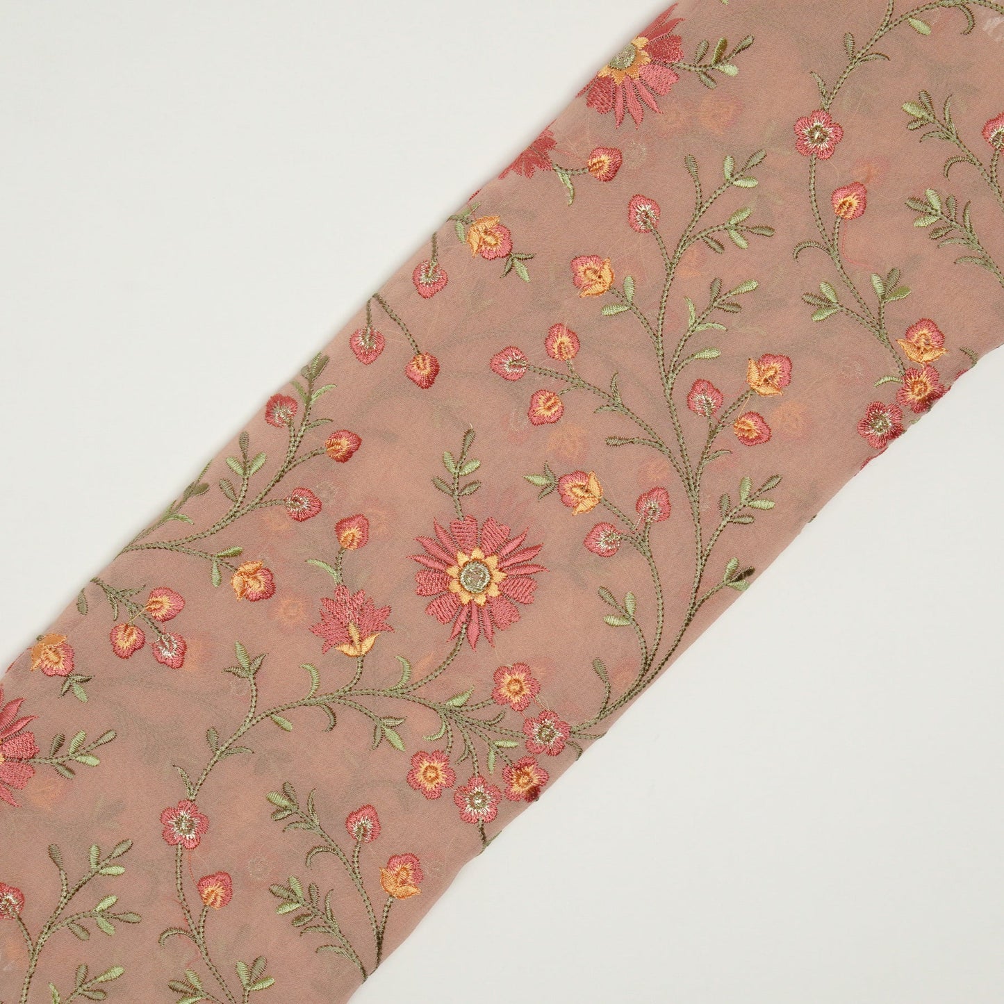 Shazia Light Peach Viscose Georgette Embroidered Fabric in Jaal Pattern