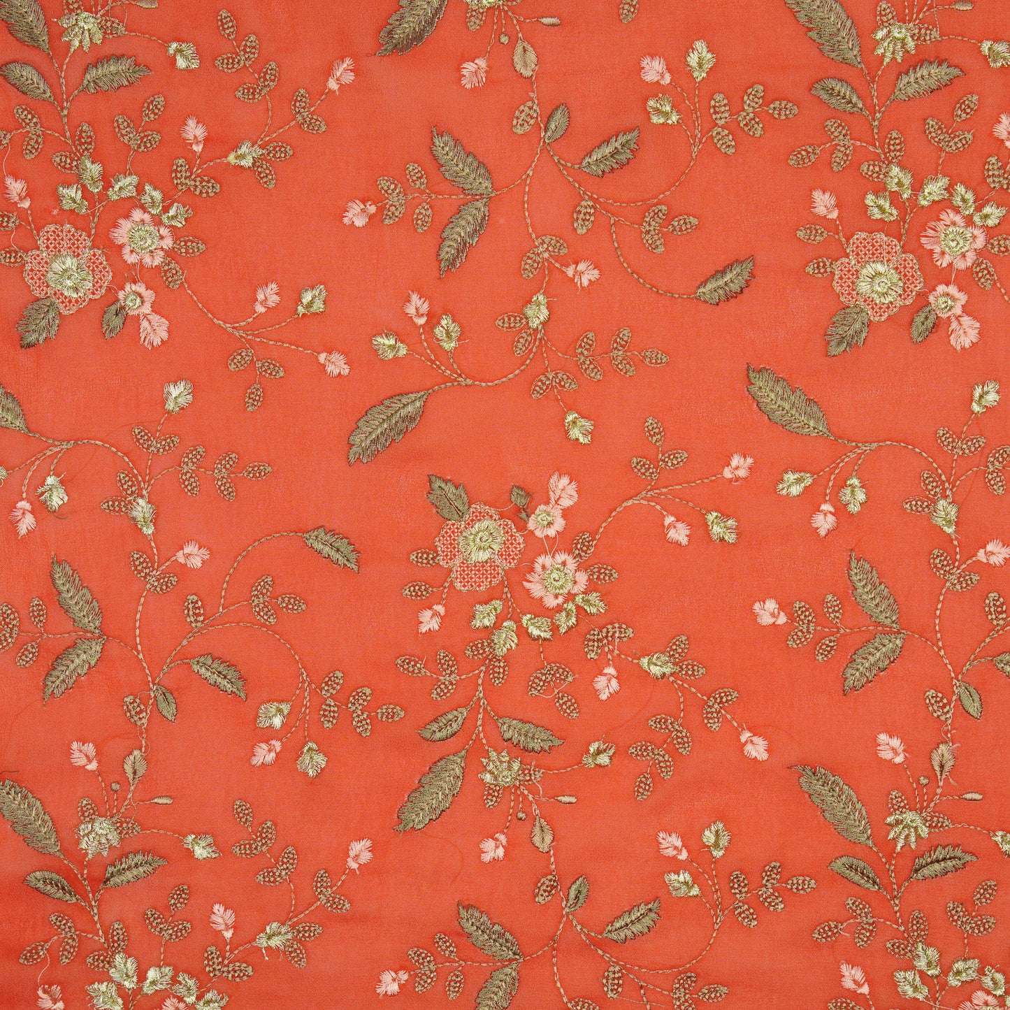 Mishfah Blood Red Viscose Georgette Embroidered Fabric in Jaal Pattern