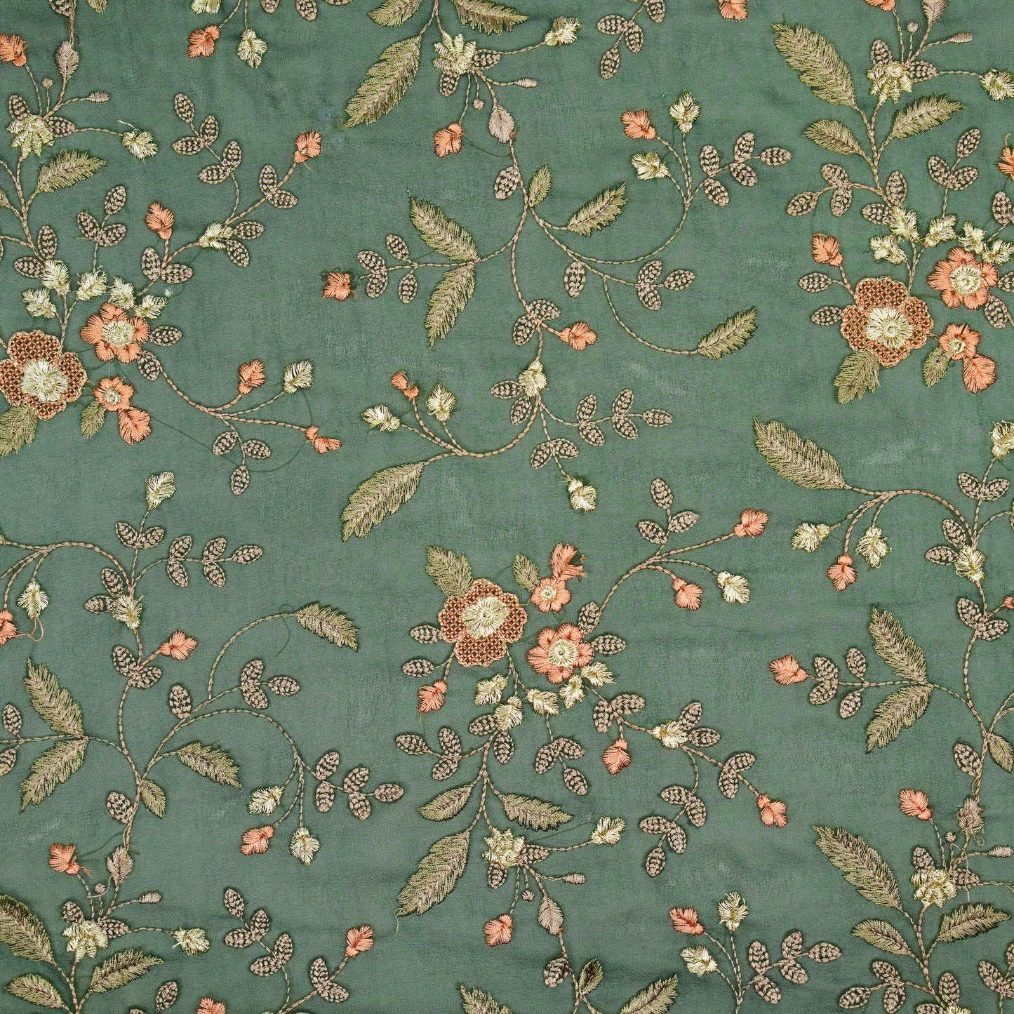 Mishfah Bottle Green Viscose Georgette Embroidered Fabric in Jaal Pattern