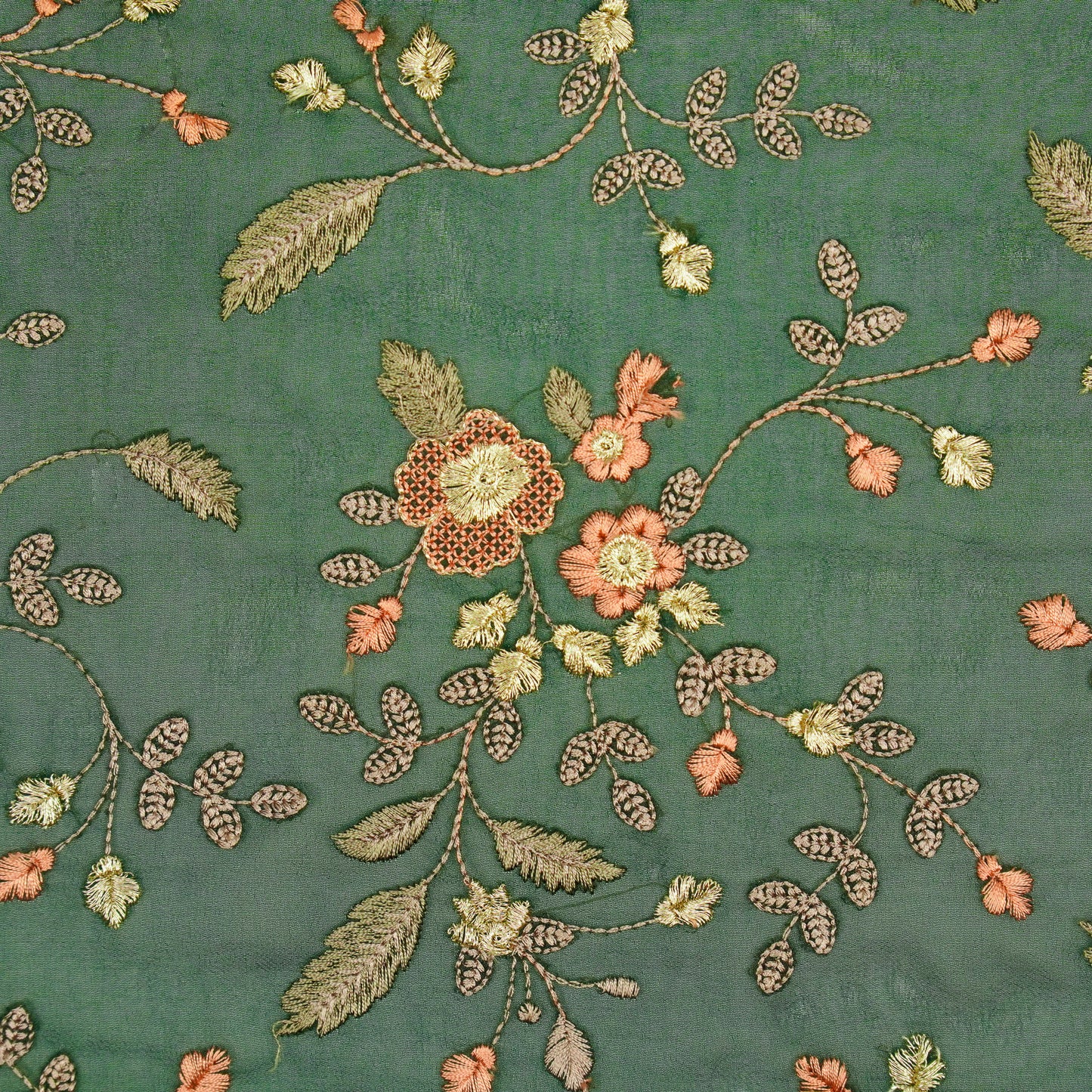 Mishfah Bottle Green Viscose Georgette Embroidered Fabric in Jaal Pattern