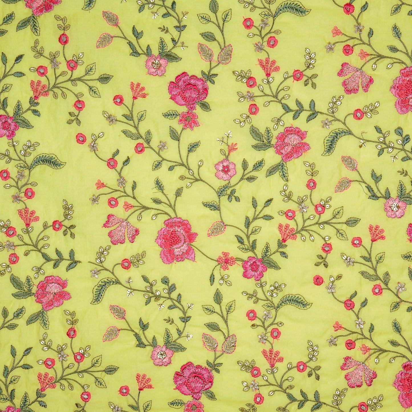 Nagma Chrome Yellow Chanderi Embroidered Fabric in Jaal Pattern