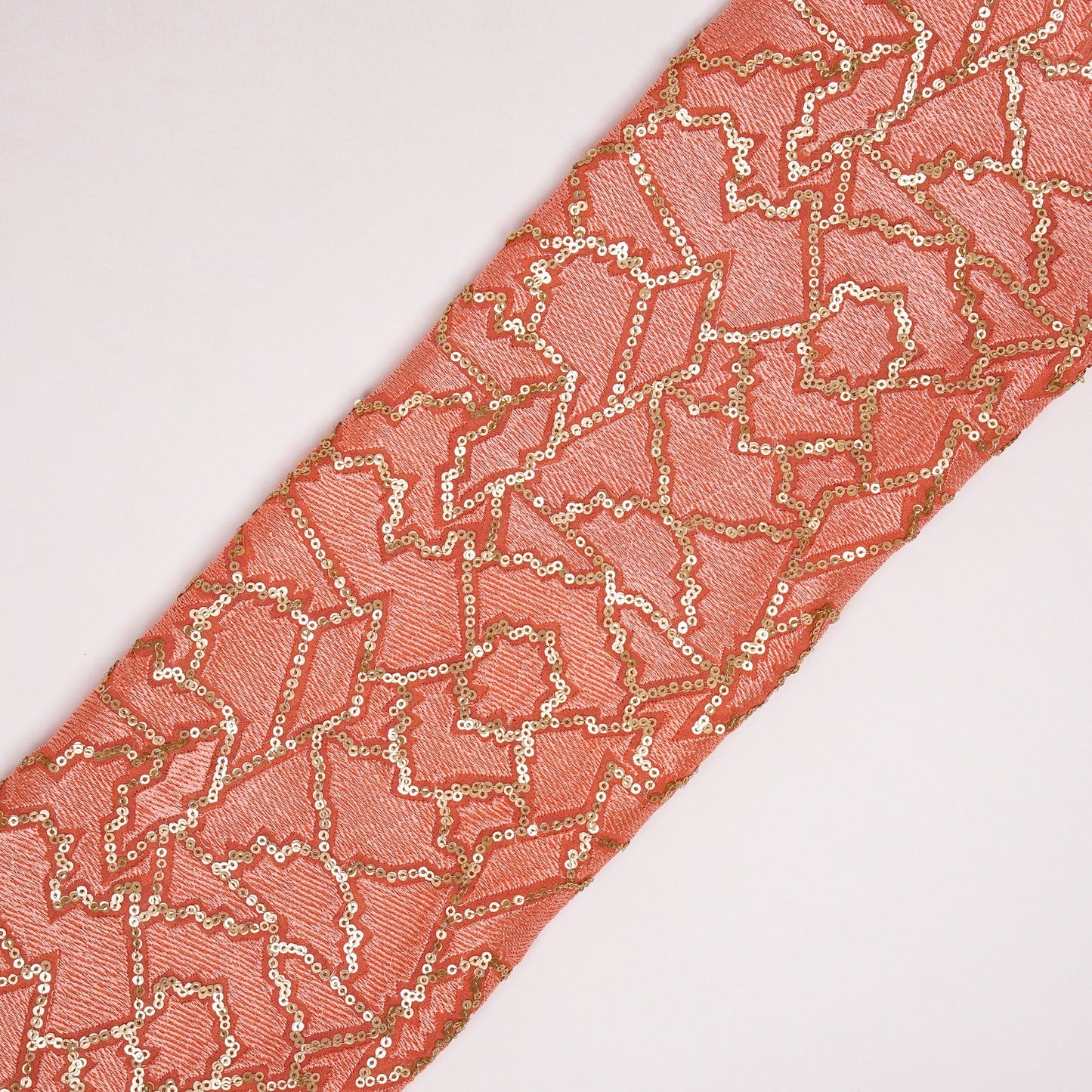 Naumani Dark Peach Chanderi Embroidered Fabric in Sequins Jaal Pattern