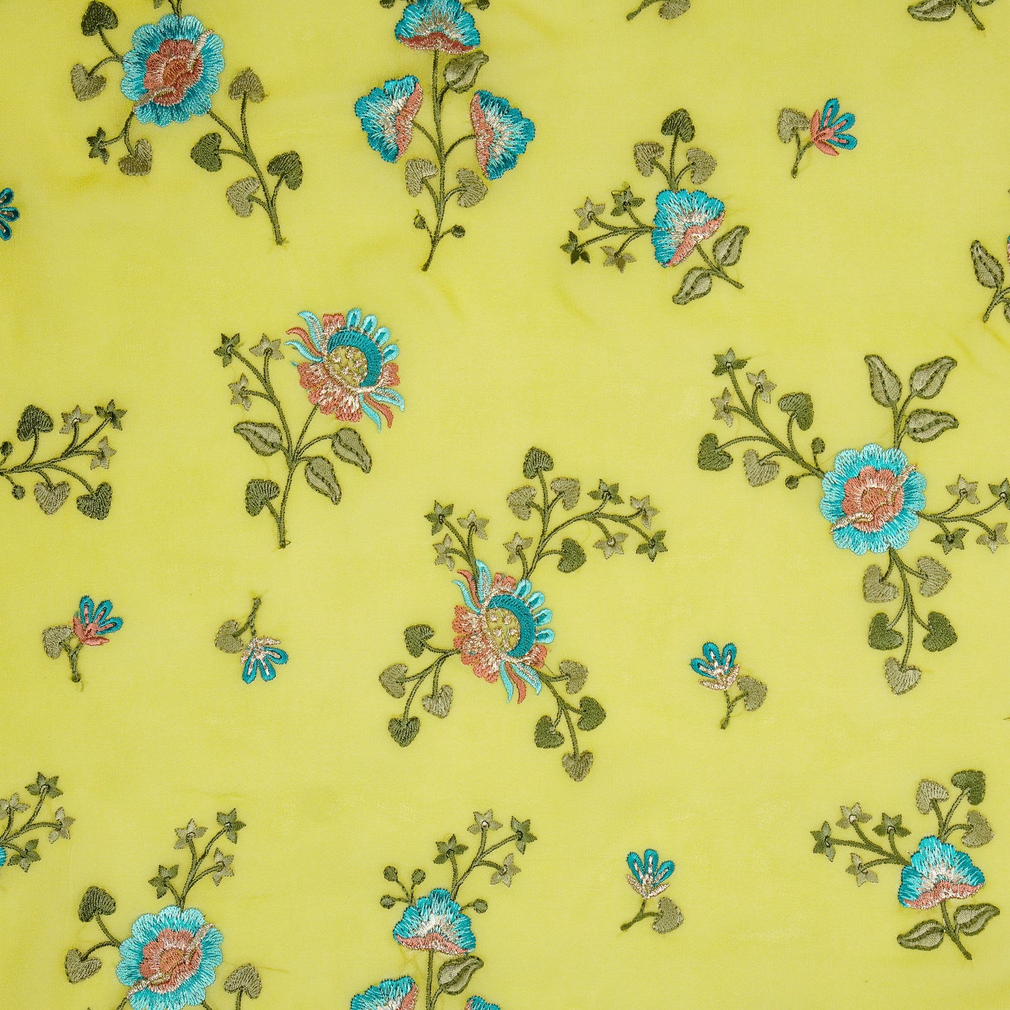 Maitri Floral Lime Viscose Georgette Embroidered Fabric in Jaal Pattern