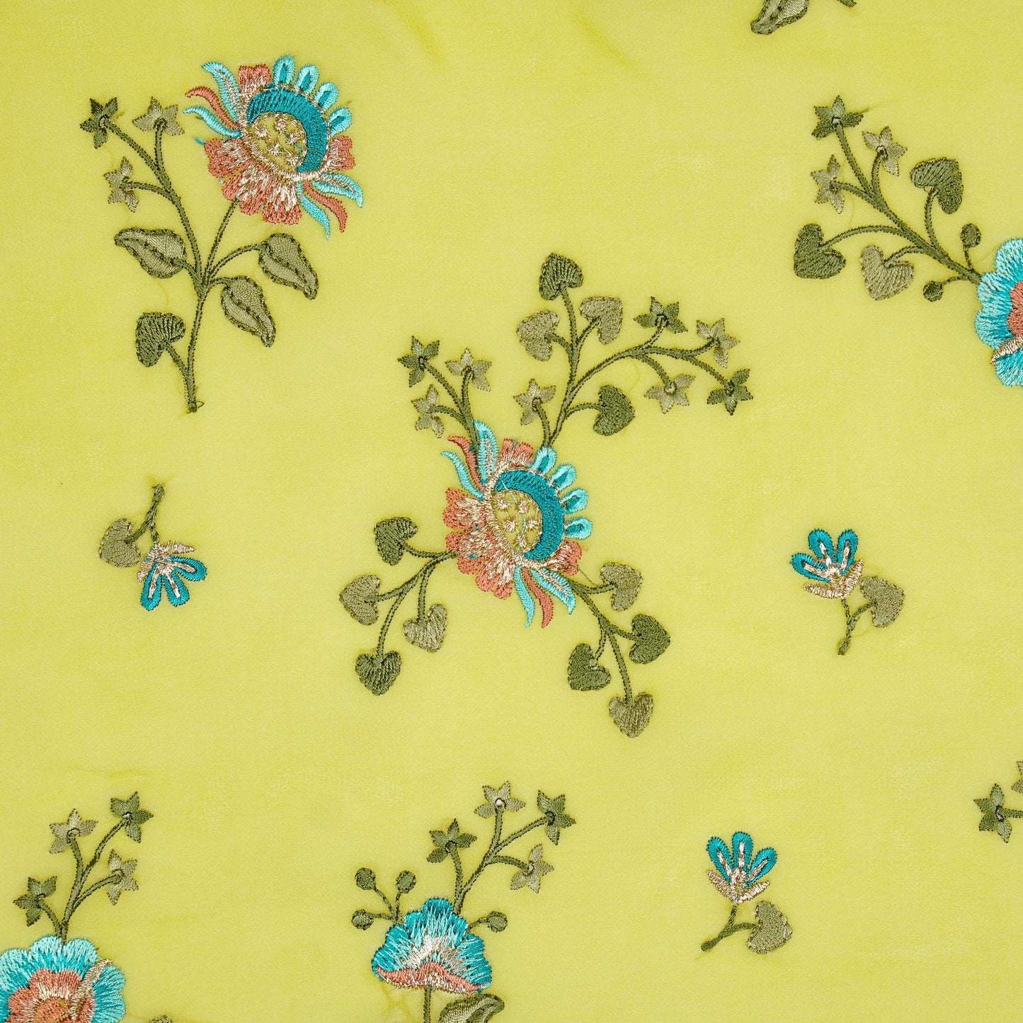 Maitri Floral Lime Viscose Georgette Embroidered Fabric in Jaal Pattern