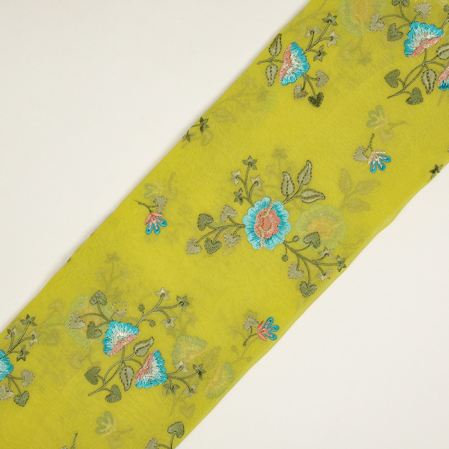 Maitri Floral Lime Viscose Georgette Embroidered Fabric in Jaal Pattern
