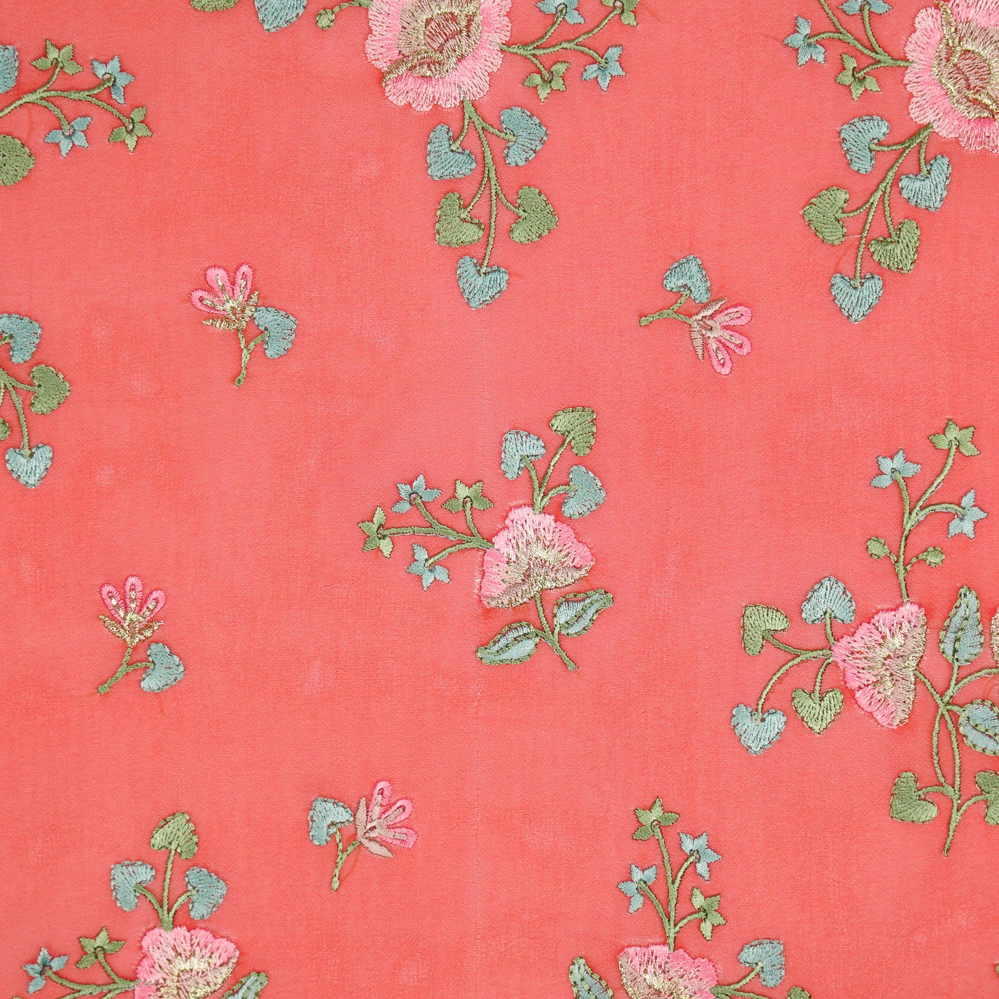 Maitri Floral Tomato Red Viscose Georgette Embroidered Fabric in Jaal Pattern