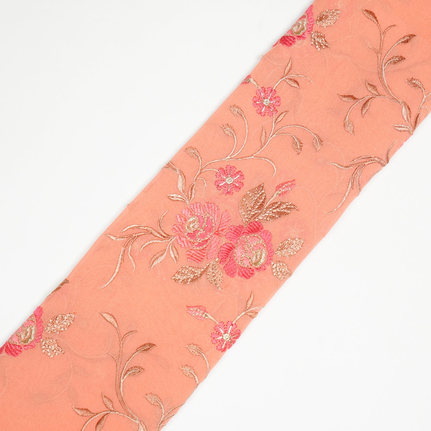 Maheen Peach Viscose Georgette Embroidered Fabric in Jaal Pattern