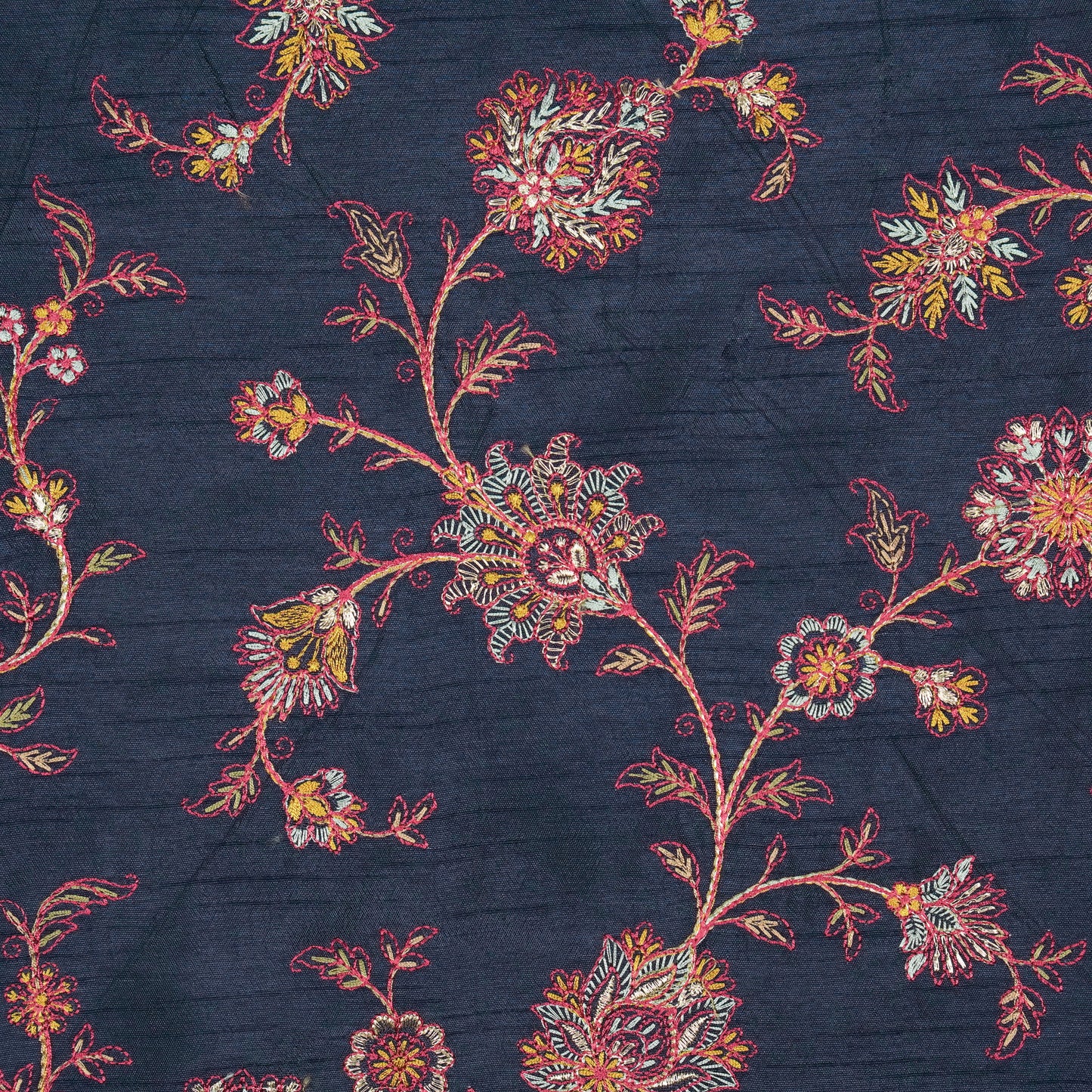 Kriti Navy Blue Viscose Raw Silk Embroidered Fabric in Jaal Pattern