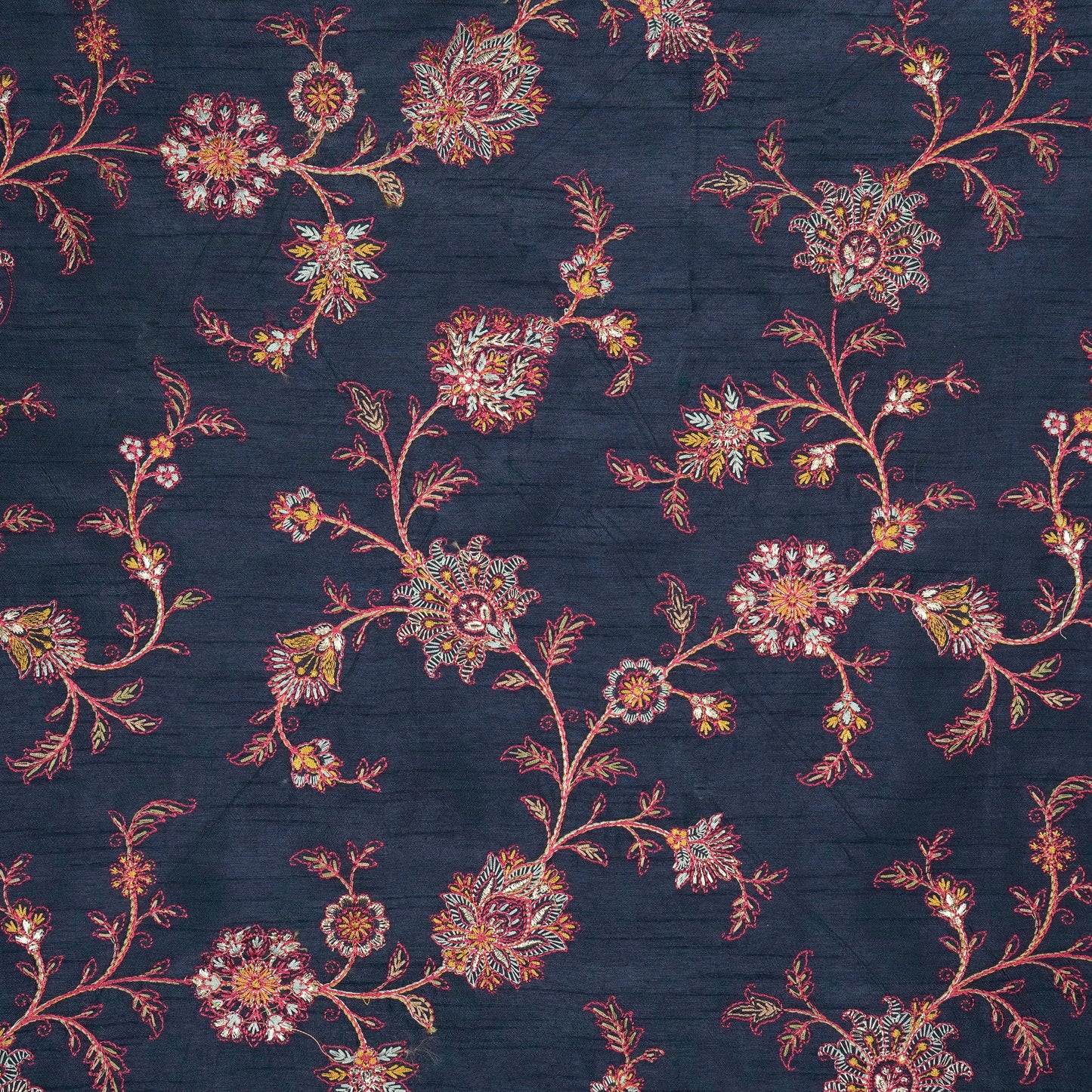 Kriti Navy Blue Viscose Raw Silk Embroidered Fabric in Jaal Pattern