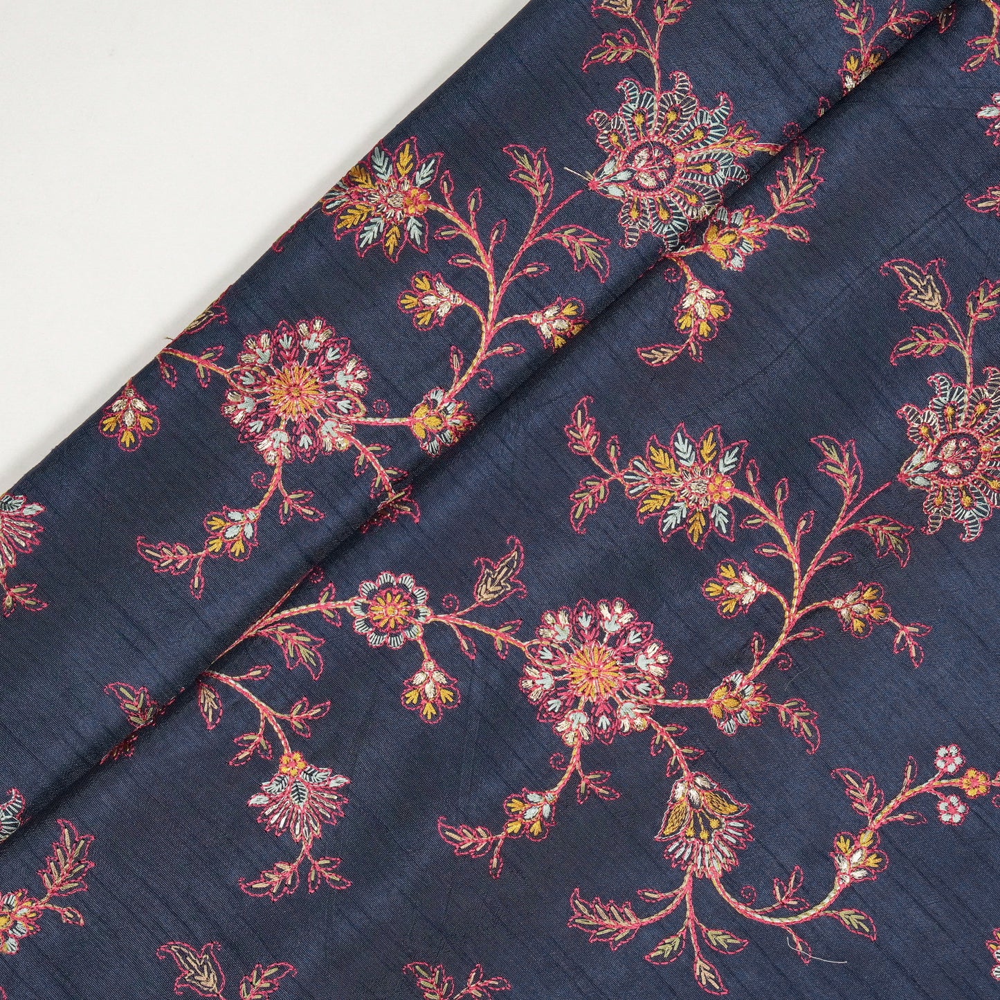 Kriti Navy Blue Viscose Raw Silk Embroidered Fabric in Jaal Pattern