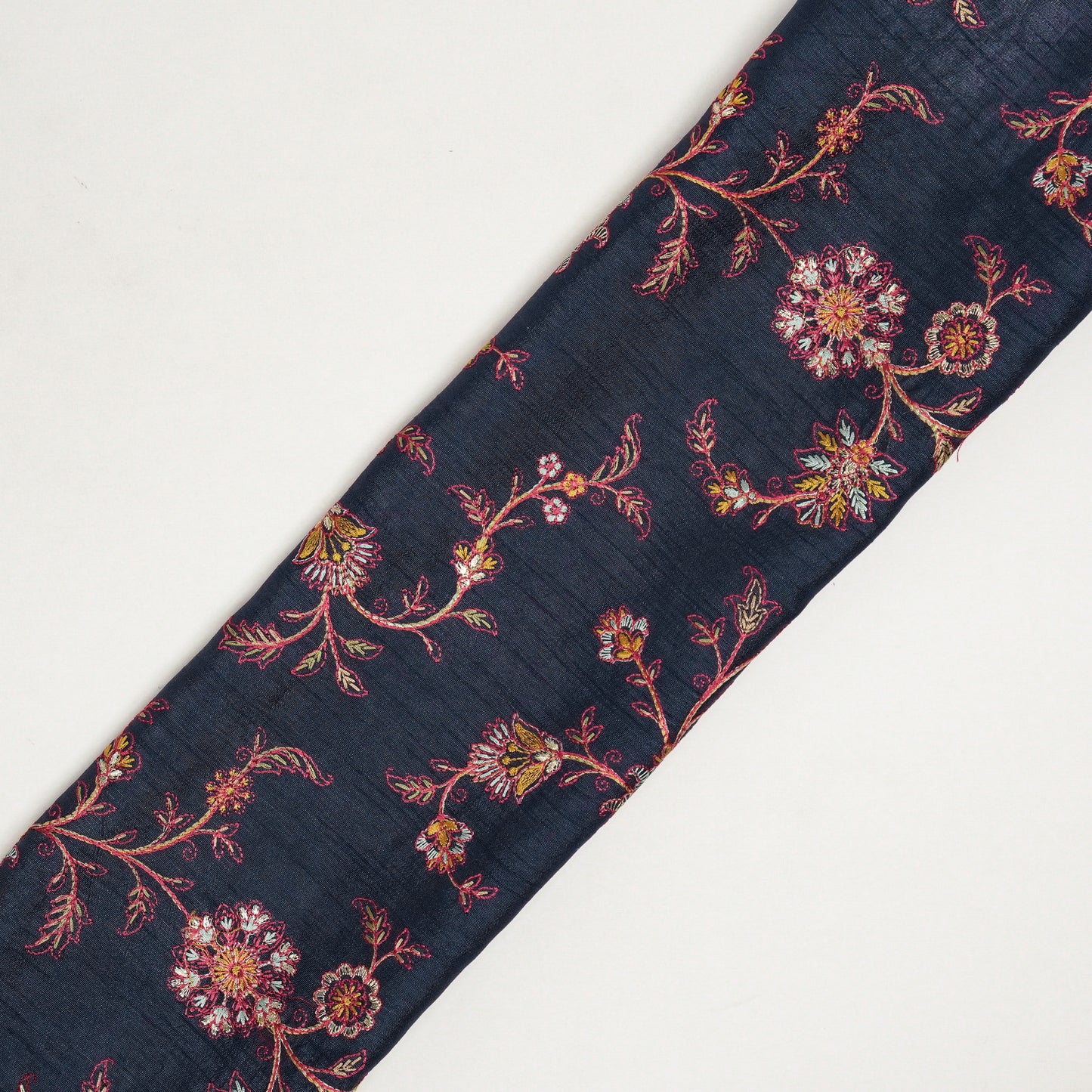 Kriti Navy Blue Viscose Raw Silk Embroidered Fabric in Jaal Pattern