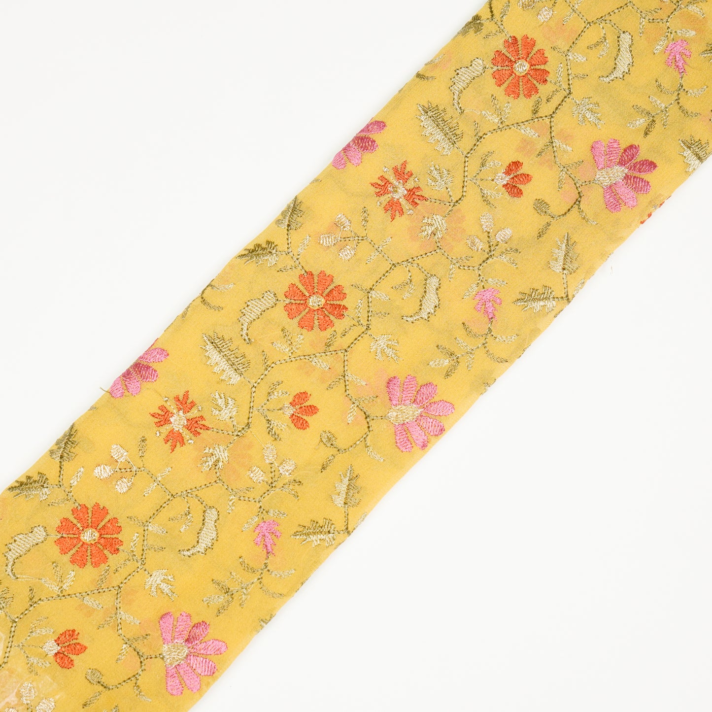 Iqra Lemon Viscose Georgette Embroidered Fabric in Jaal Pattern