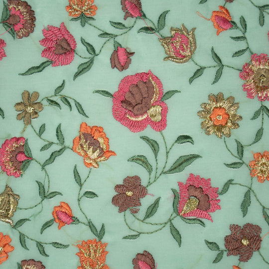 Rajeshwari Light Turquoise Mul Chanderi Embroidered Fabric in Floral Jaal Pattern