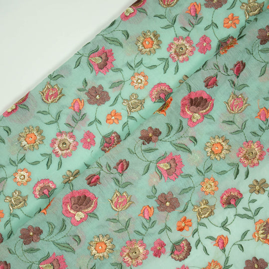 Rajeshwari Light Turquoise Mul Chanderi Embroidered Fabric in Floral Jaal Pattern