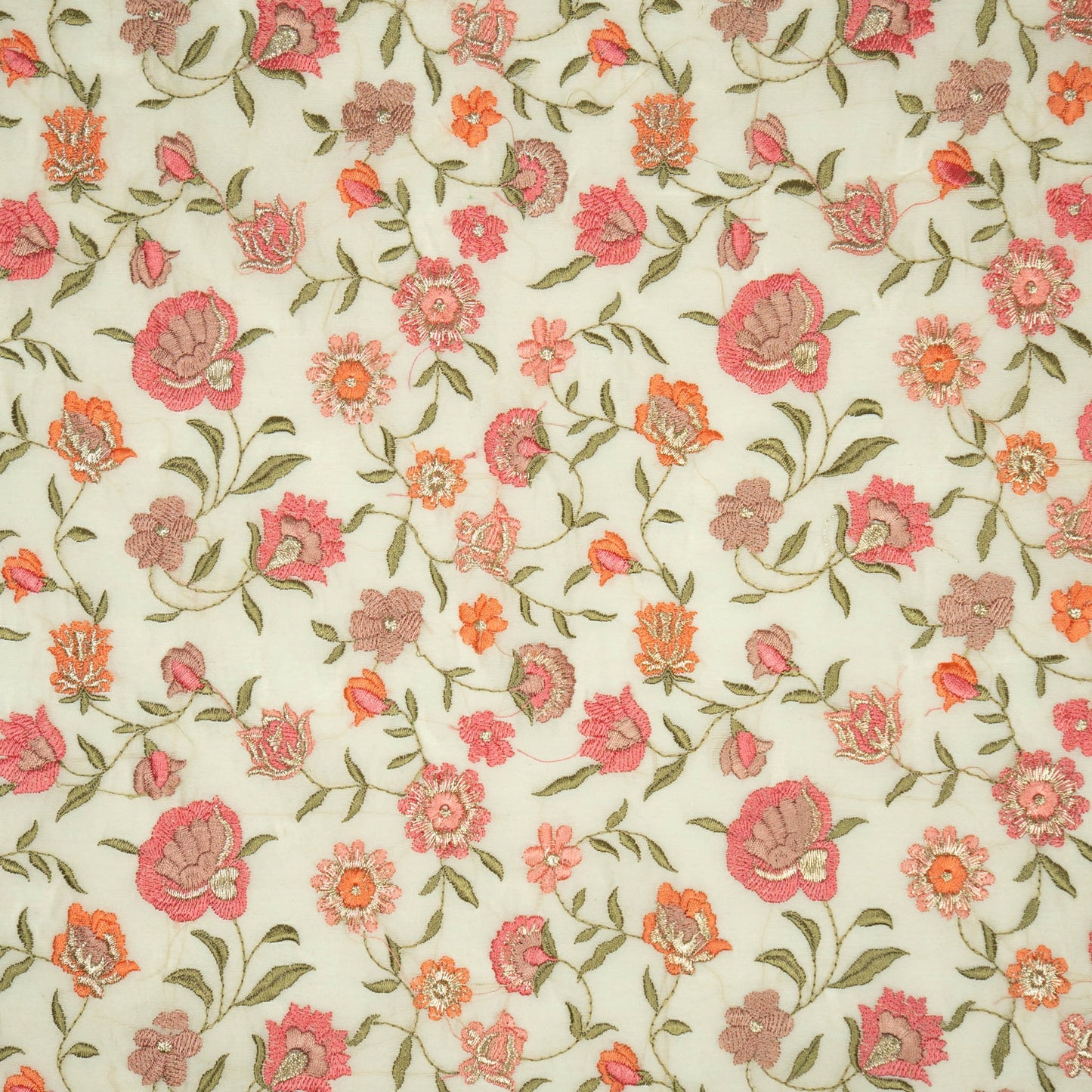 Rajeshwari Cream Mul Chanderi Embroidered Fabric in Floral Jaal Pattern