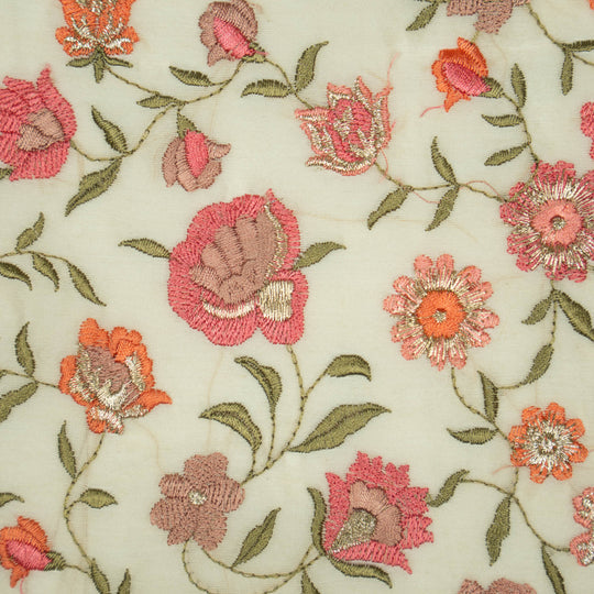 Rajeshwari Cream Mul Chanderi Embroidered Fabric in Floral Jaal Pattern