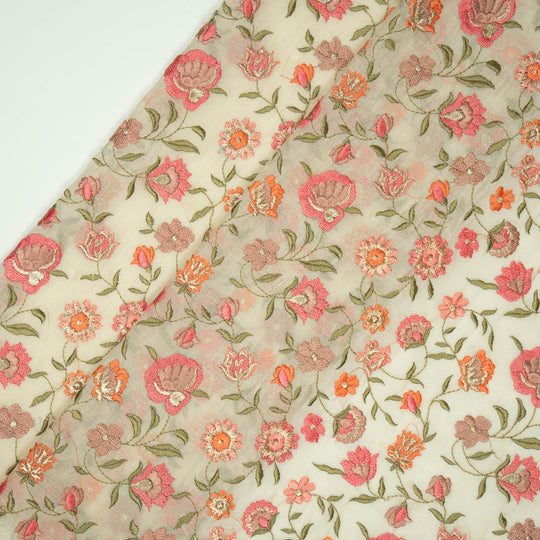 Rajeshwari Cream Mul Chanderi Embroidered Fabric in Floral Jaal Pattern