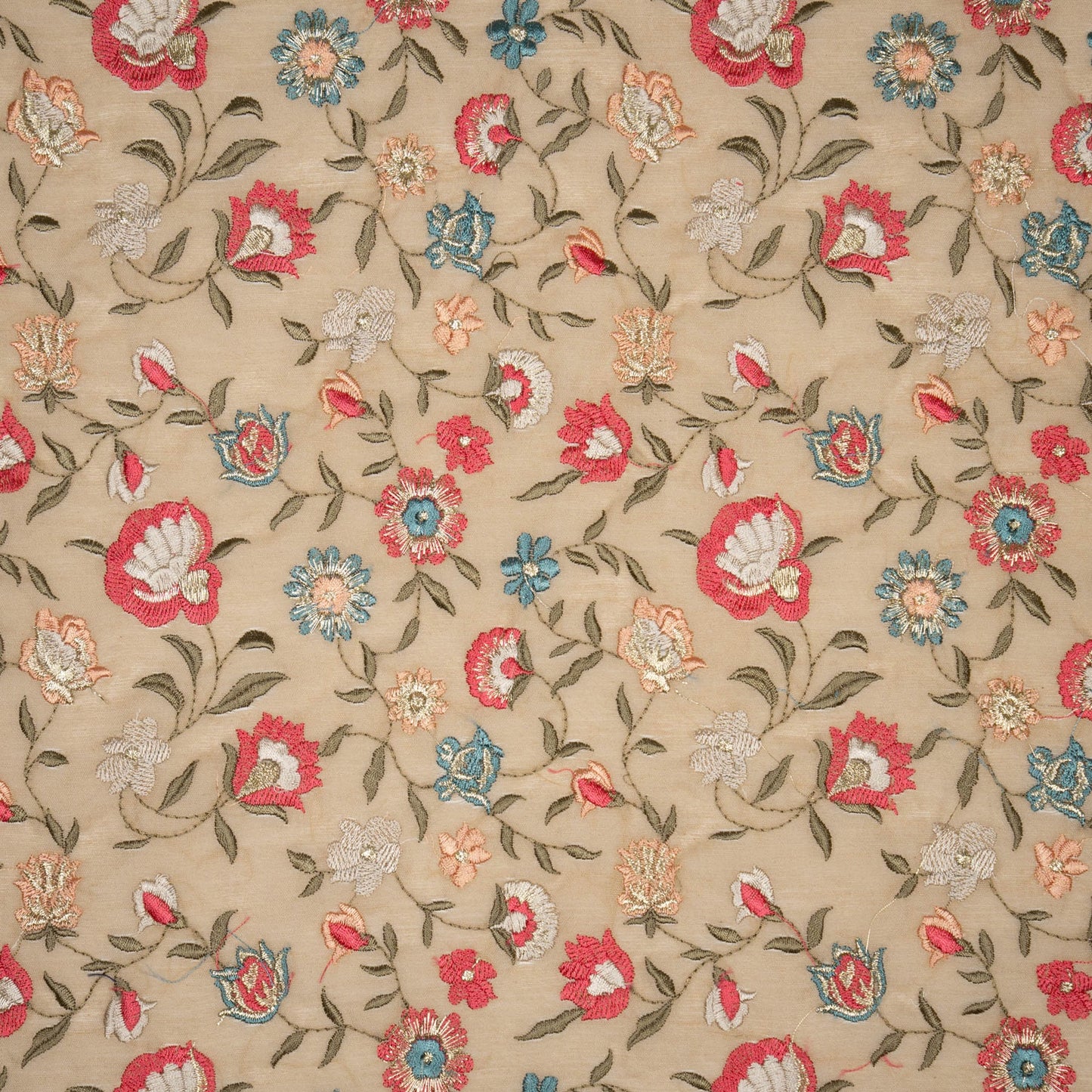 Rajeshwari Almond Mul Chanderi Embroidered Fabric in Floral Jaal Pattern