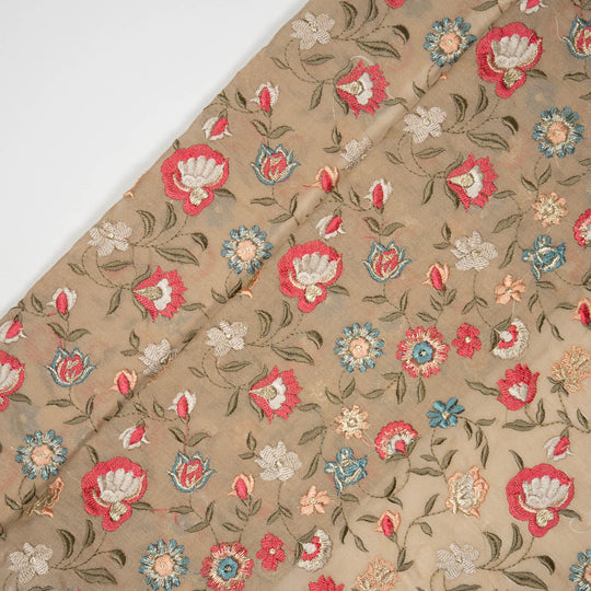 Rajeshwari Almond Mul Chanderi Embroidered Fabric in Floral Jaal Pattern
