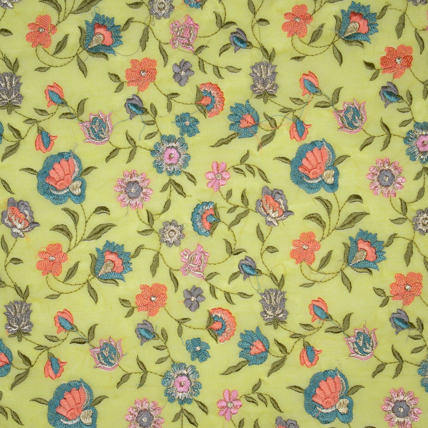 Rajeshwari Yellow Mul Chanderi Embroidered Fabric in Floral Jaal Pattern