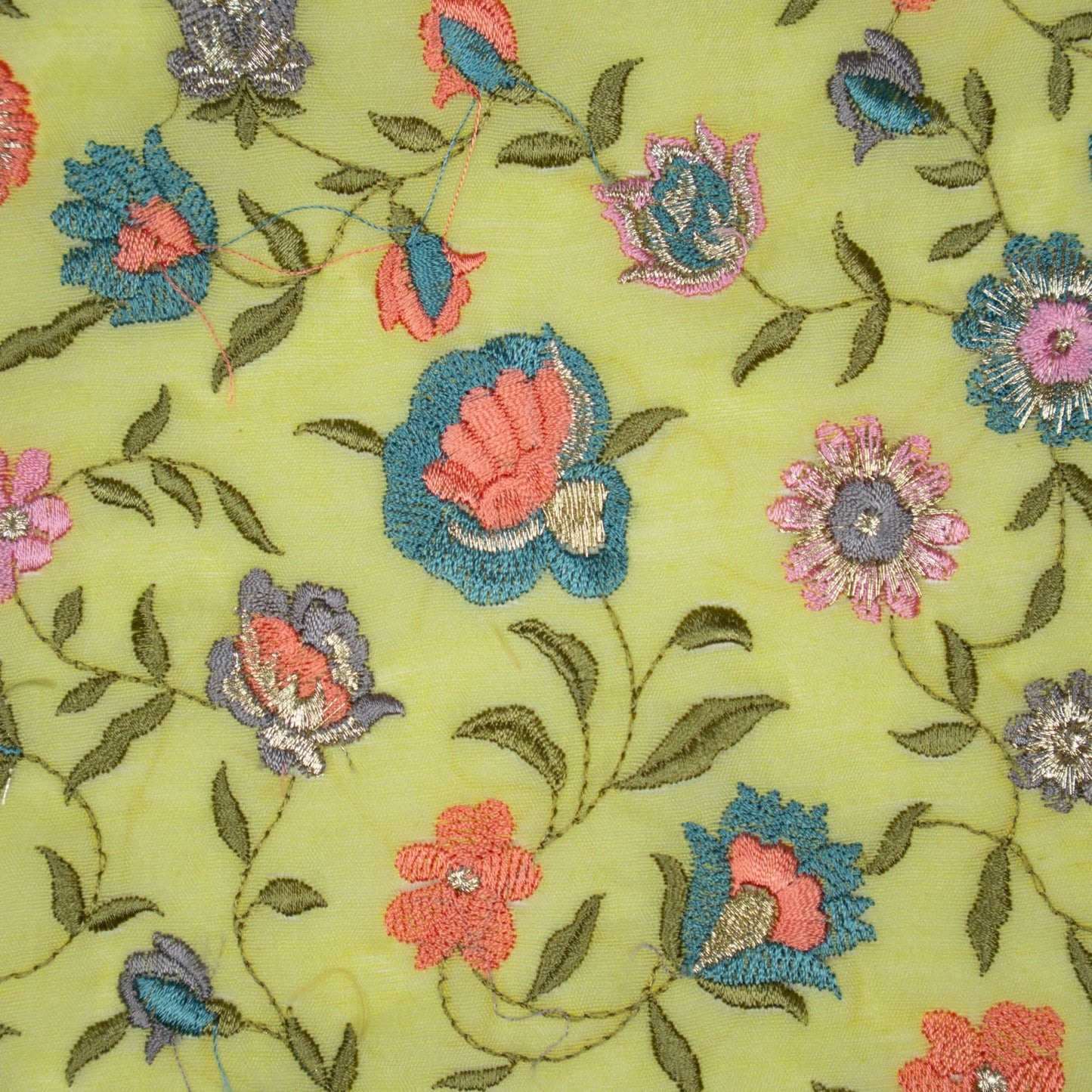 Rajeshwari Yellow Mul Chanderi Embroidered Fabric in Floral Jaal Pattern