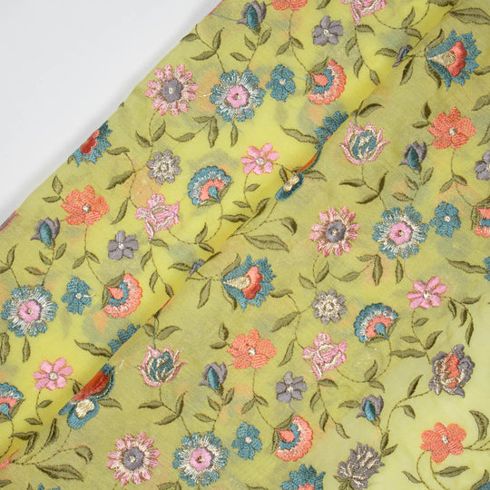 Rajeshwari Yellow Mul Chanderi Embroidered Fabric in Floral Jaal Pattern