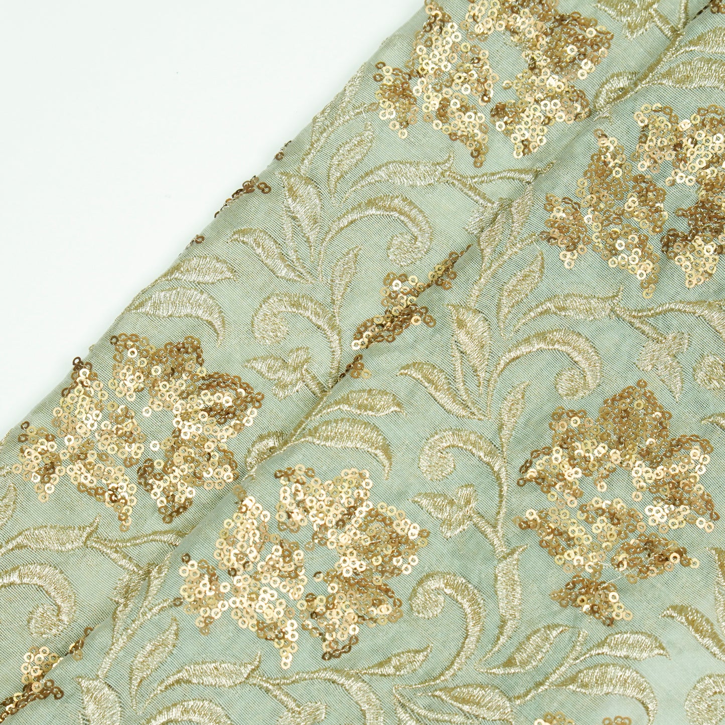 Mishal Sea Green Chanderi Embroidered Fabric in Jaal Pattern