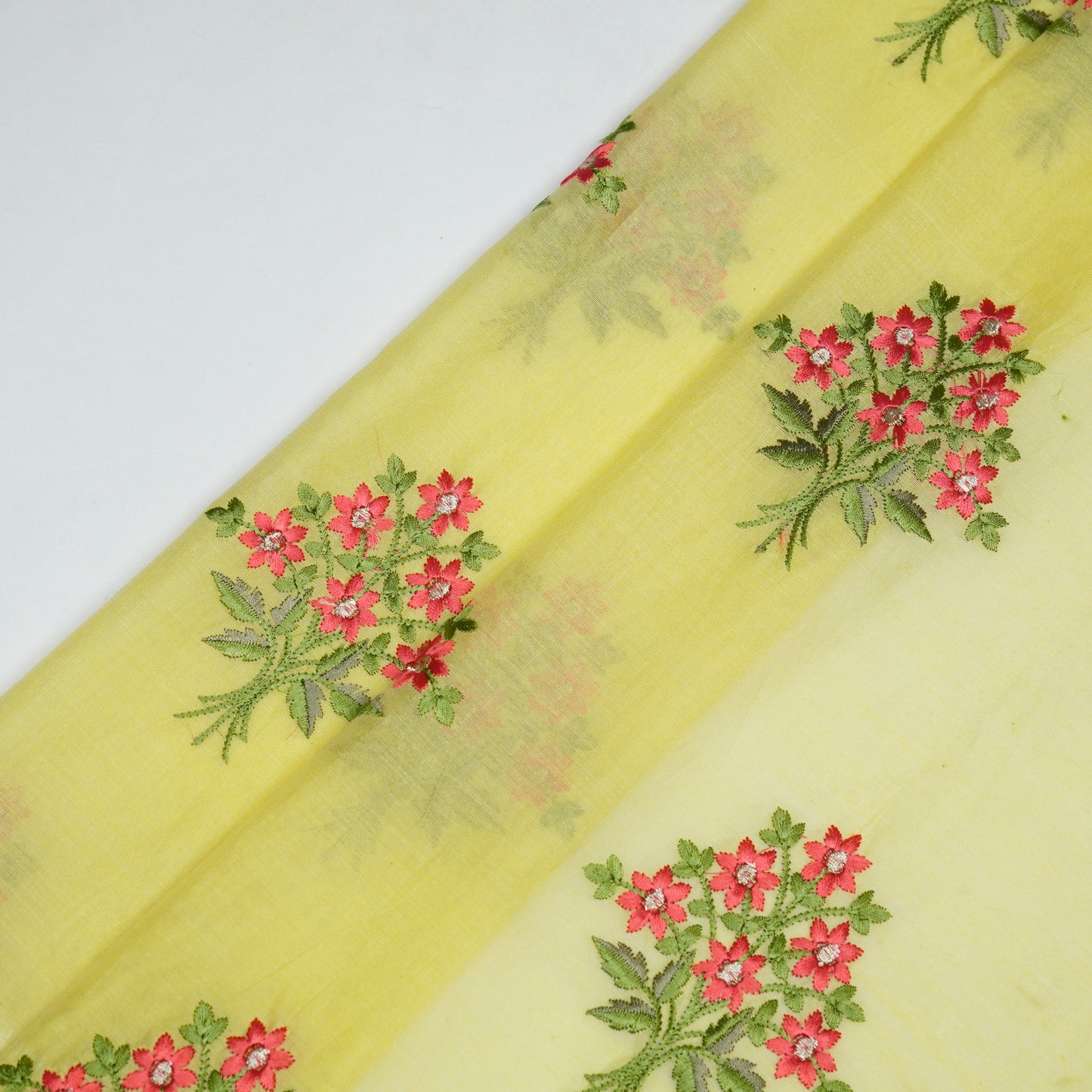 Urwa Lemon Mul Chanderi Embroidered Fabric in Buta Pattern
