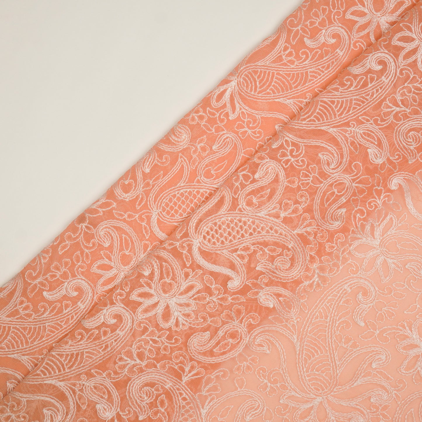 Arib Peach Mul Chanderi Embroidered Fabric in Jaal Pattern