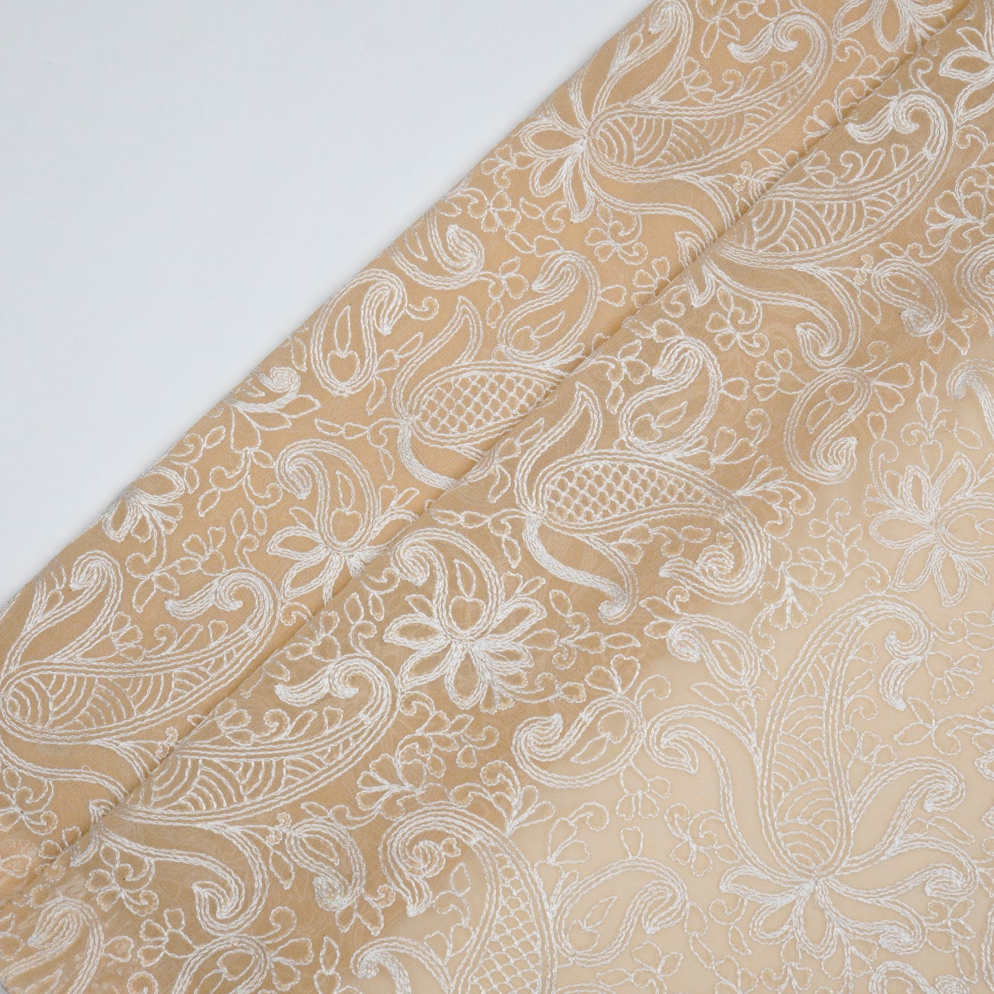 Arib Beige Mul Chanderi Embroidered Fabric in Jaal Pattern