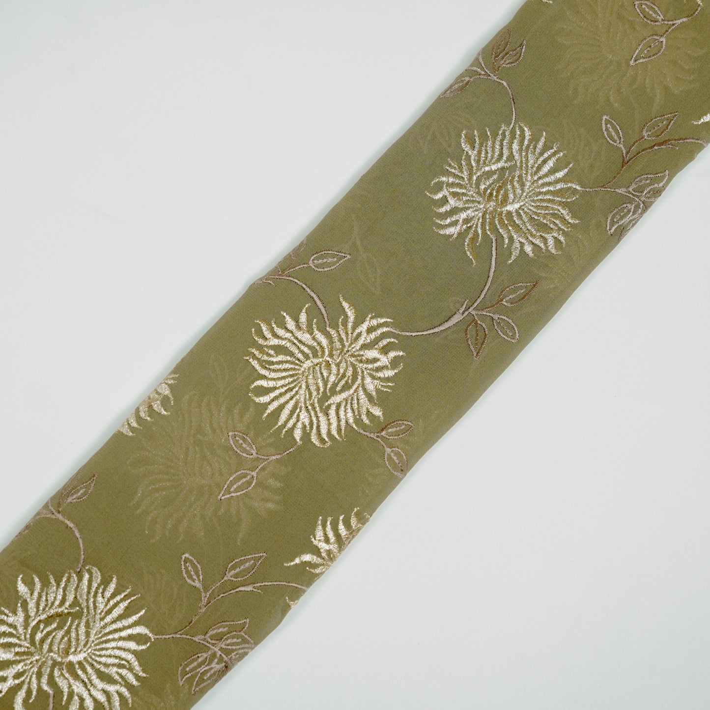 Aaira Light Olive Viscose Georgette Embroidered Fabric in Jaal Pattern