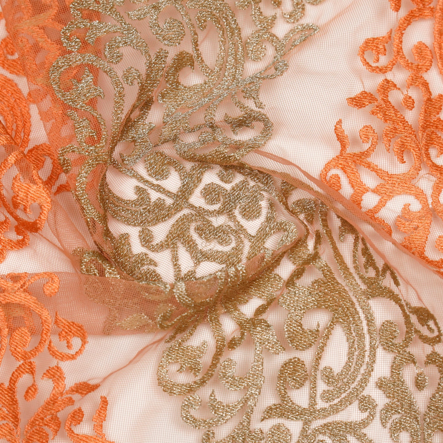 Urooz Light Peach Net Embroidered Fabric in Jaal Pattern
