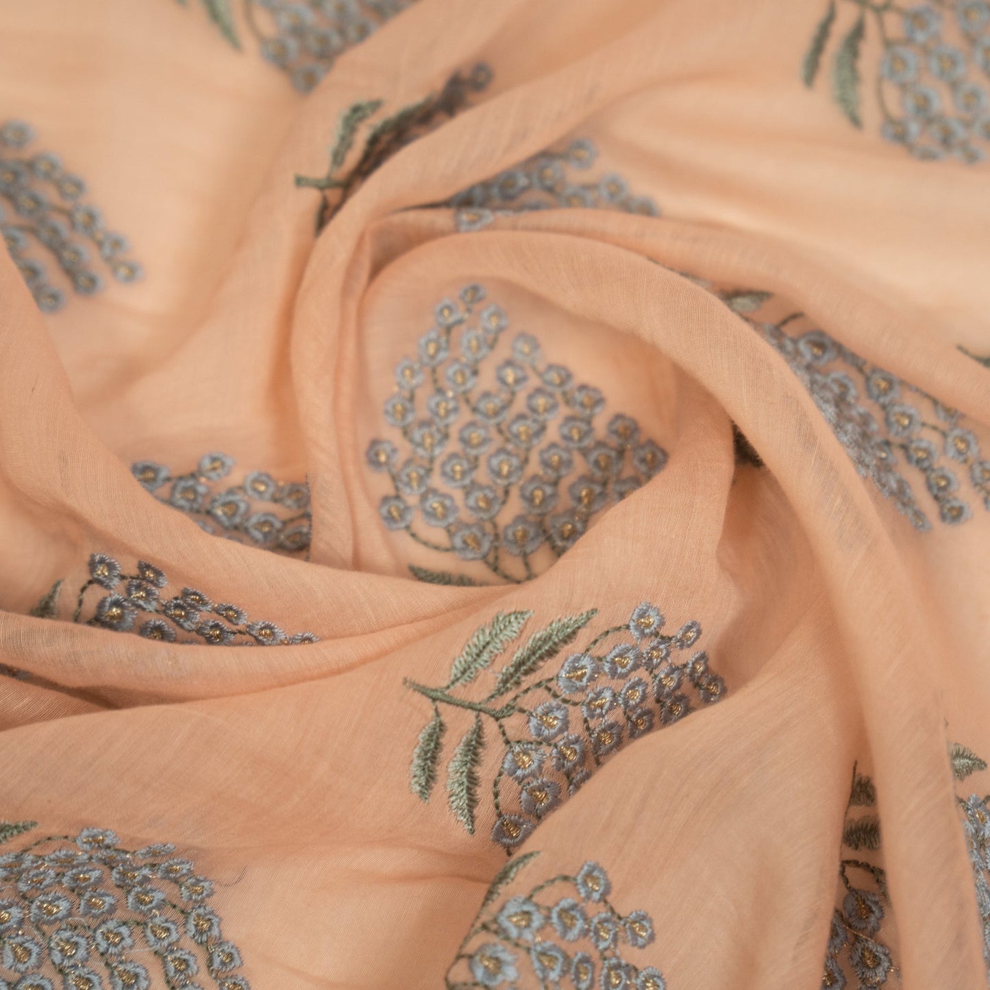 Saima Light Salmon Pink Mul Chanderi Embroidered Fabric in Buta Pattern