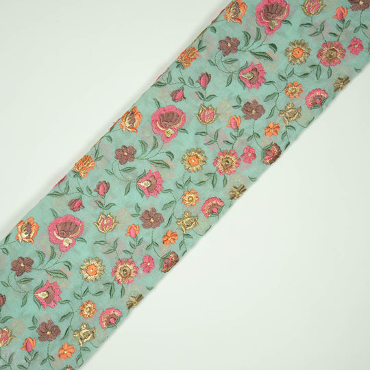 Rajeshwari Light Turquoise Mul Chanderi Embroidered Fabric in Floral Jaal Pattern
