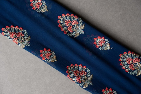 Shamsha Navy Blue Viscose Georgette Embroidered Fabric in Buta Pattern