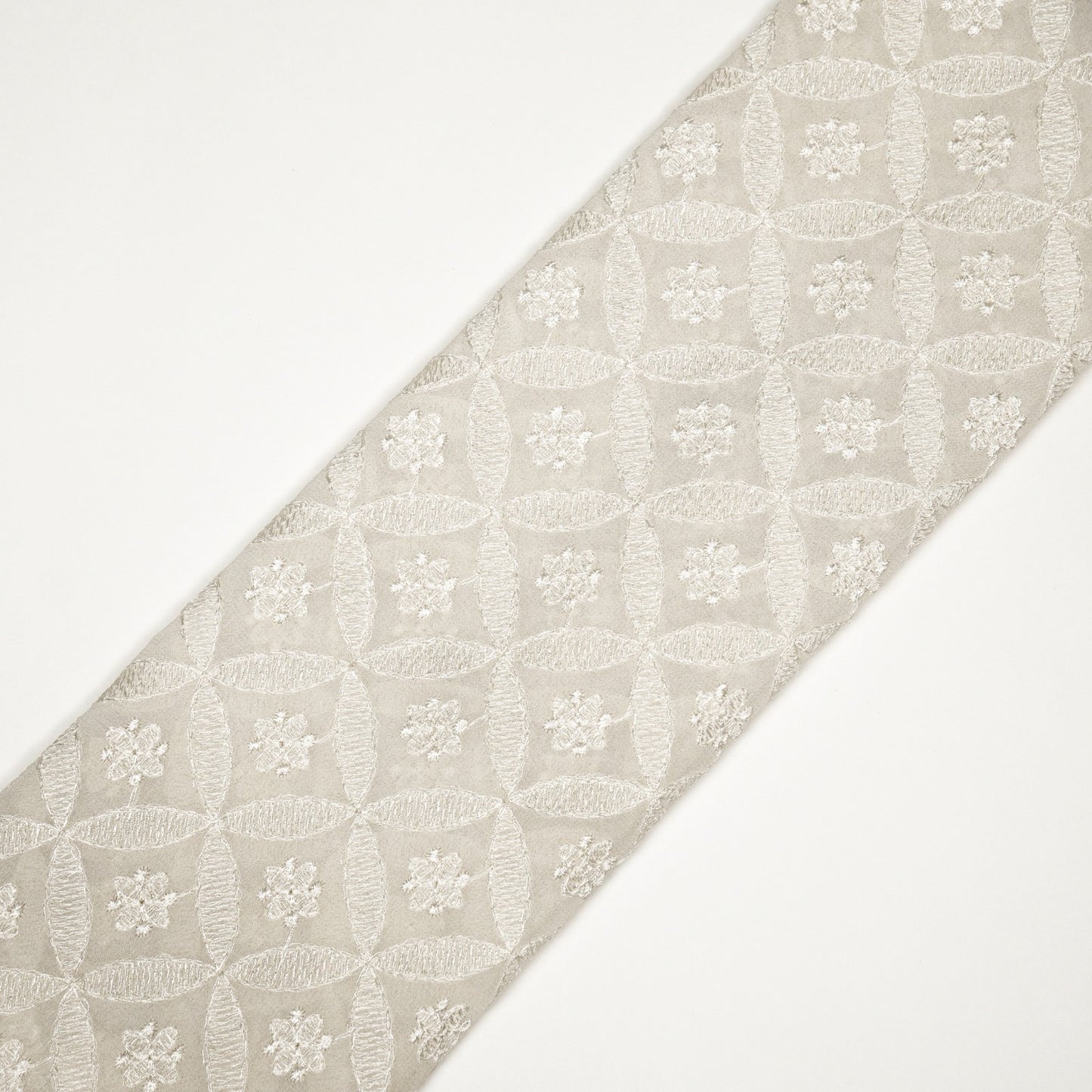 Eshal White Viscose Georgette Embroidered Fabric in Jaal Pattern