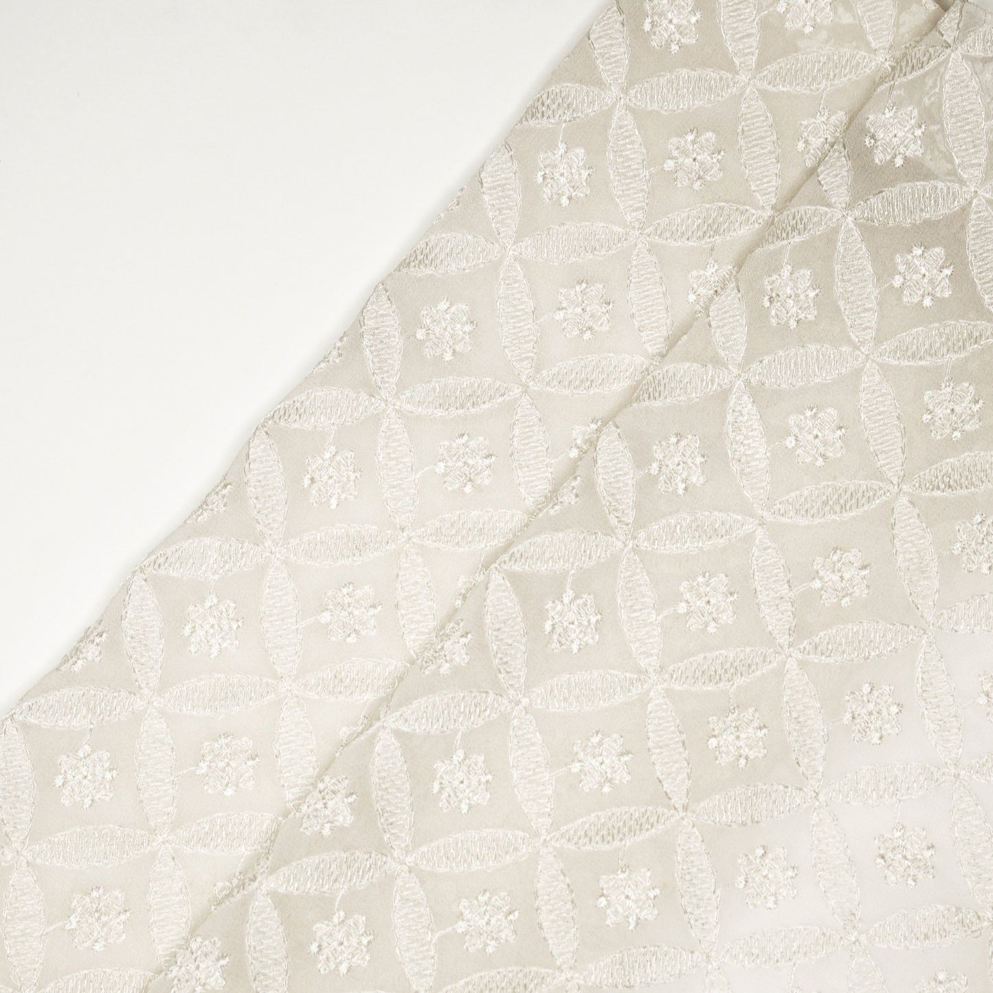 Eshal White Viscose Georgette Embroidered Fabric in Jaal Pattern