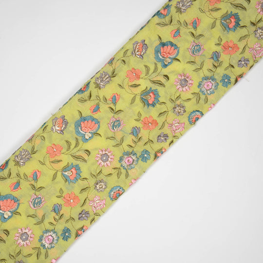 Rajeshwari Yellow Mul Chanderi Embroidered Fabric in Floral Jaal Pattern