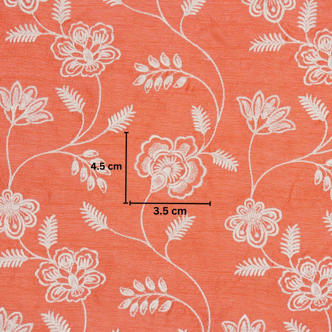 Prisha Deep Peach Viscose Raw Silk Embroidered Fabric in Jaal Pattern