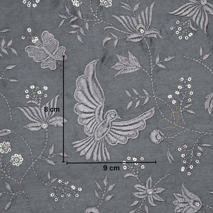 Naila Silver Grey Chanderi Embroidered Fabric in Bird Jaal Pattern