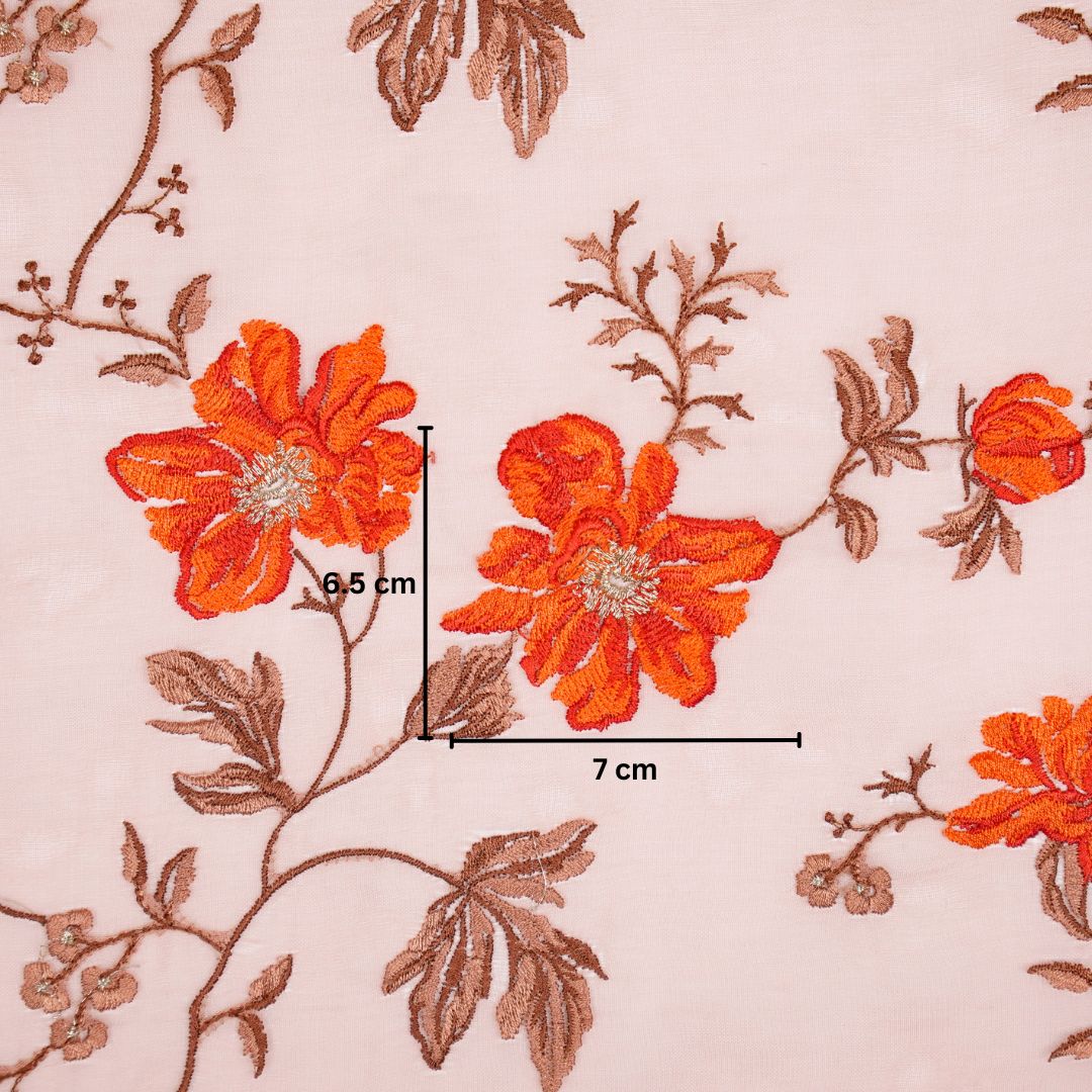 Ayka Peach Viscose Organza Embroidered Fabric in Jaal Pattern