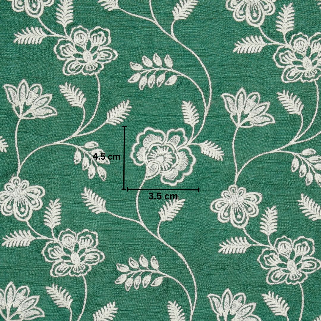 Prisha Teal Viscose Raw Silk Embroidered Fabric in Jaal Pattern