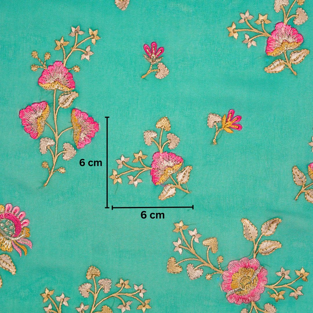 Maitri Floral Deep Turquoise Viscose Georgette Embroidered Fabric in Jaal Pattern