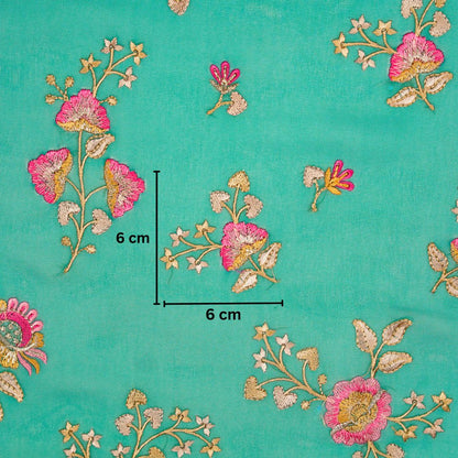 Maitri Floral Deep Turquoise Viscose Georgette Embroidered Fabric in Jaal Pattern