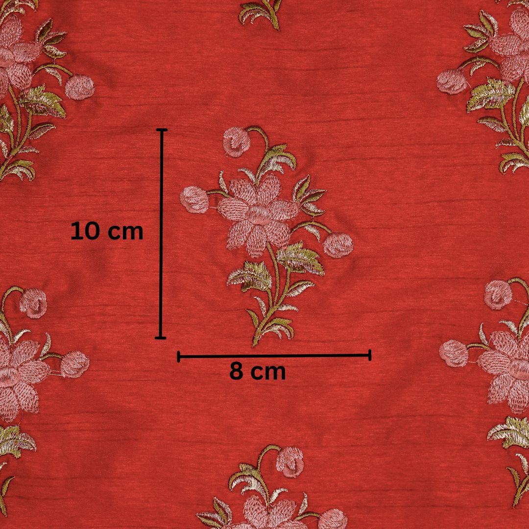 Dalia Red Viscose Raw Silk Embroidered Fabric in Buta