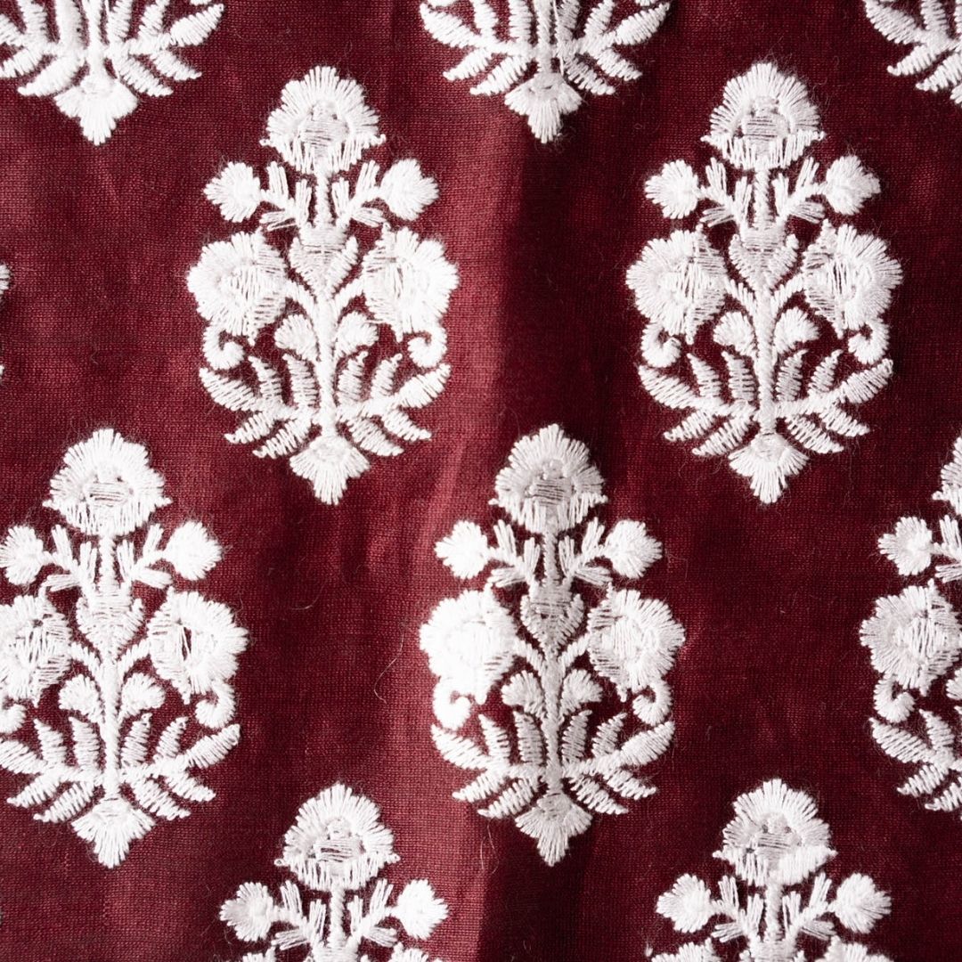 Ketki Burgundy Chanderi Embroidered Fabric in Buta Pattern