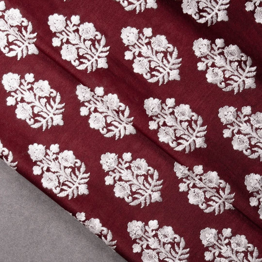 Ketki Burgundy Chanderi Embroidered Fabric in Buta Pattern