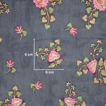 Maitri Floral Navy Blue Viscose Georgette Embroidered Fabric in Jaal Pattern