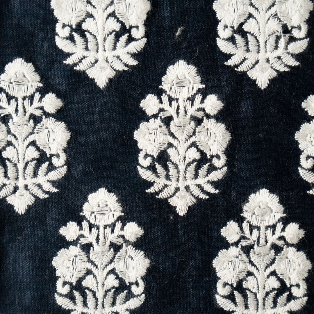 Ketki Deep Navy Chanderi Embroidered Fabric in Buta Pattern